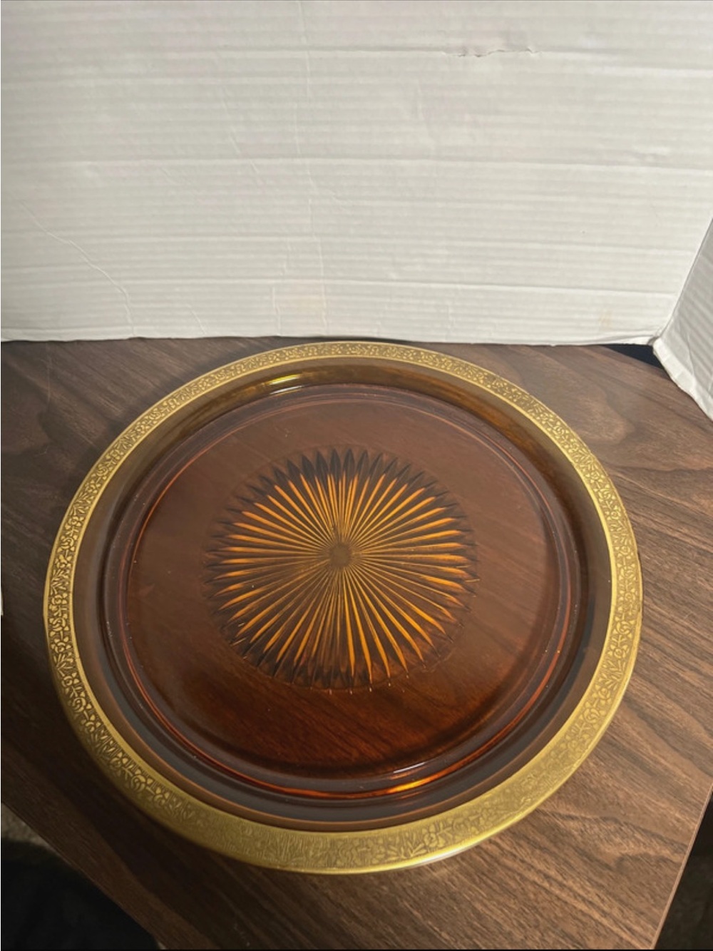 Vintage Amber Glass Serving Platter with Gold-Tone Rim